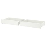 Two white GULLABERG bed storage boxes with casters. Rectangular shape, smooth design, made of particleboard.