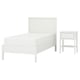 A white GULLABERG bedroom set, including a bed with a simple, wooden headboard and a matching bedside table with one drawer.