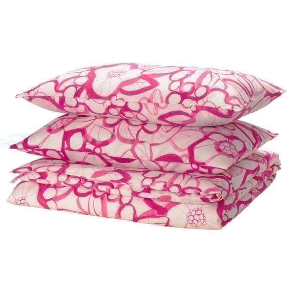 HÄRLIR pink bedding set, floral print, made from soft recycled cotton and lyocell, comprising a duvet and pillowcases.