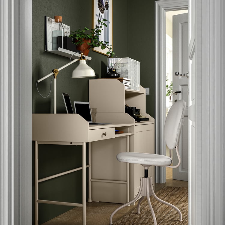 HAUGA/BJÖRKBERGET desk and storage combination, and swivel chair beige