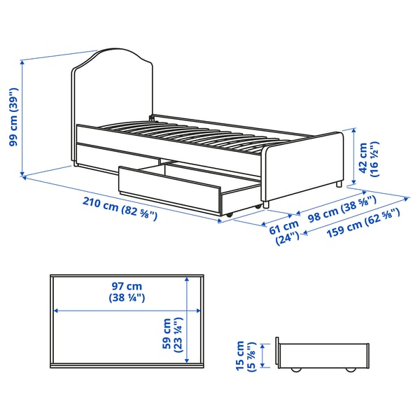 HAUGA Upholstered bed, 2 storage boxes, Lofallet beige, 90x200 cm
