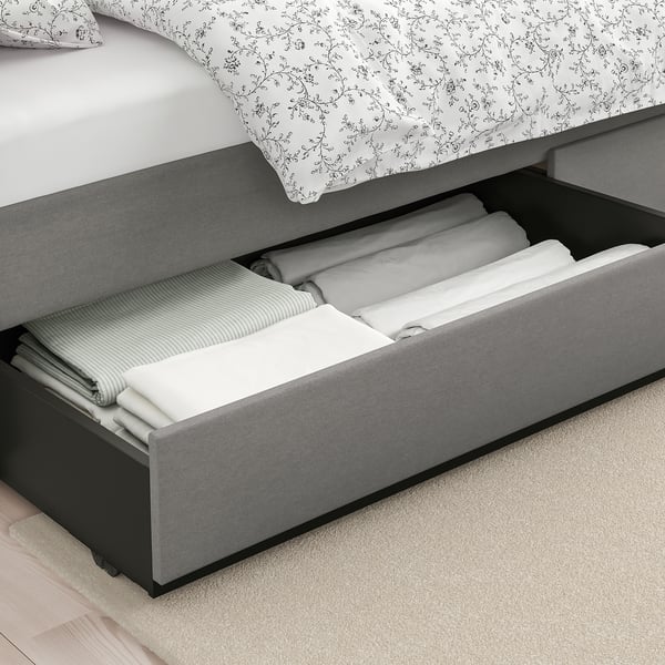HAUGA Upholstered bed, 2 storage boxes, Vissle grey, 180x200 cm