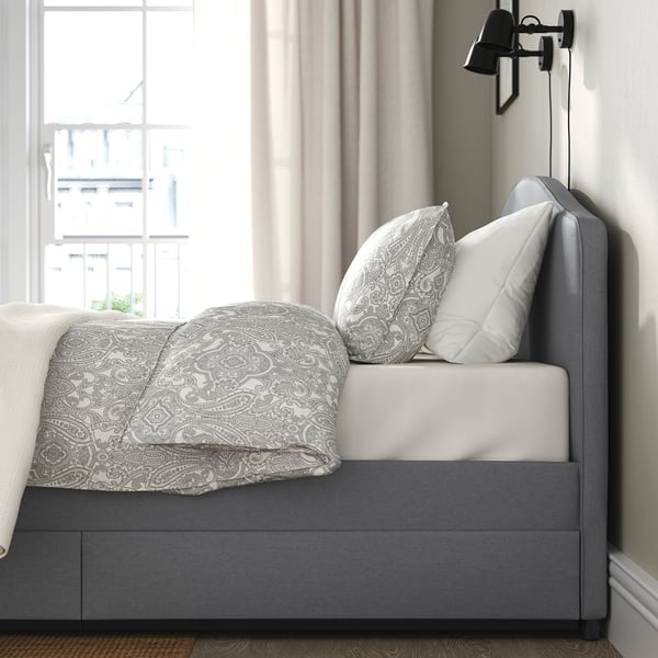 HAUGA Upholstered bed, 2 storage boxes, Vissle grey, 180x200 cm