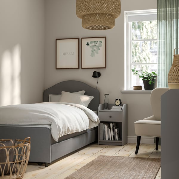 HAUGA Upholstered bed, 2 storage boxes, Vissle grey, 90x200 cm