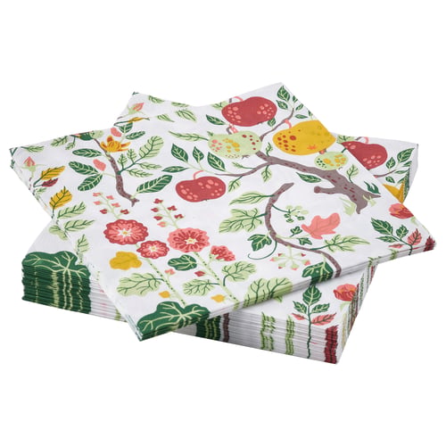 HAVSBRAXEN paper napkins, white with colourful fruit & floral designs, rectangular, stack.