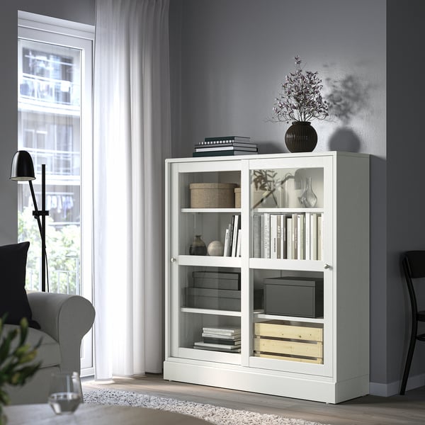 HAVSTA Glass-door cabinet with plinth, white clear glass, 121x37x134 cm