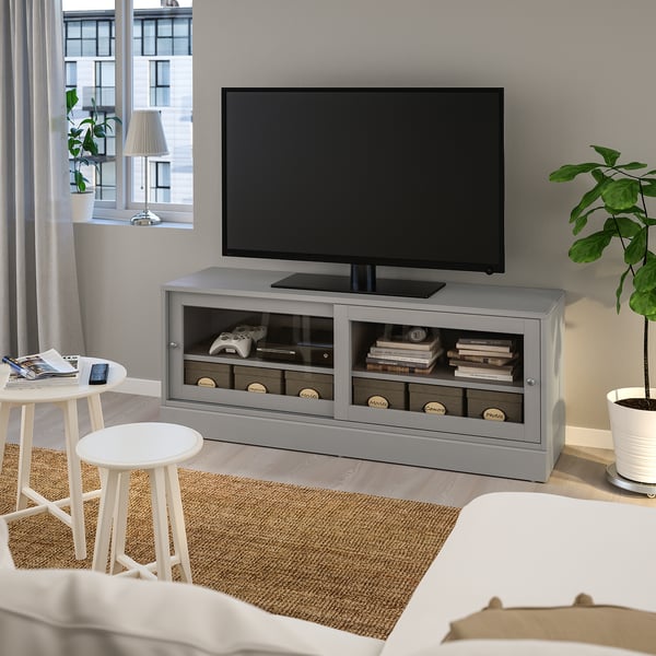HAVSTA TV bench with plinth, grey, 160x47x62 cm