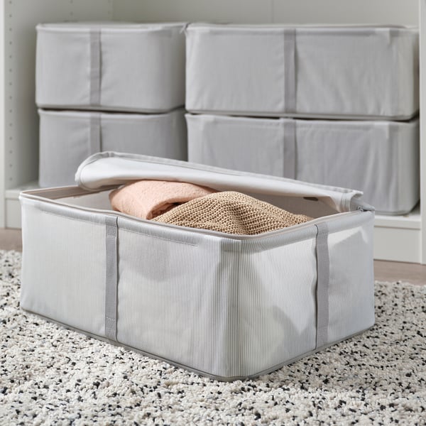 HEMMAFIXARE Storage case, fabric striped/white/grey, 34x51x19 cm