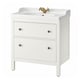 White HEMNES bathroom vanity, rectangular sink, antique gold tap, wooden drawers, smooth edges.