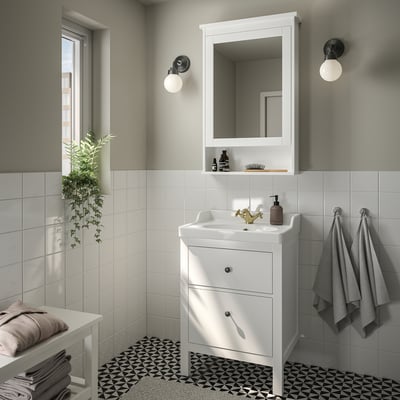 Modern bathroom with HEMNES white vanity, 2 drawers, sink, & mirror cabinet.