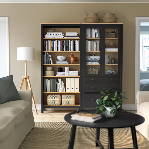 HEMNES Storage combination w doors/drawers, black-brown/light brown stained, 180x197 cm