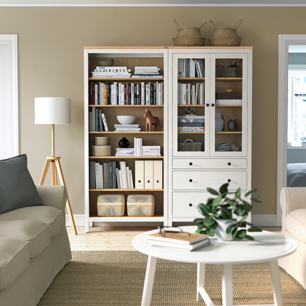 HEMNES Storage combination w doors/drawers, white/light brown stained, 180x197 cm