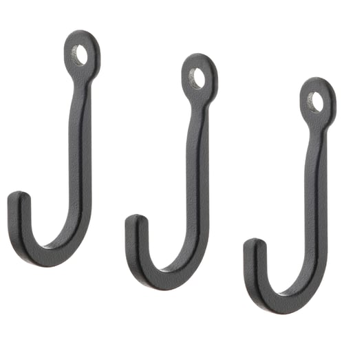 Three small black hooks for hanging items in narrow spaces.