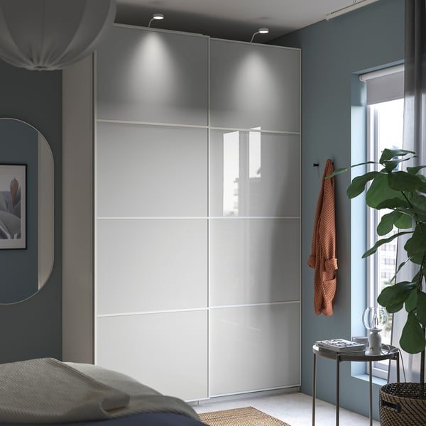 HOKKSUND 4 panels for sliding door frame, high-gloss light grey, 75x236 cm