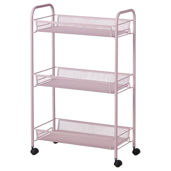 A pink HORNAVAN metal storage trolley with three mesh shelves on wheels.
