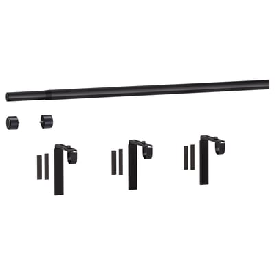 HUGAD Curtain rod combination, with wall/ceiling brackets/with finials black, 120-210 cm