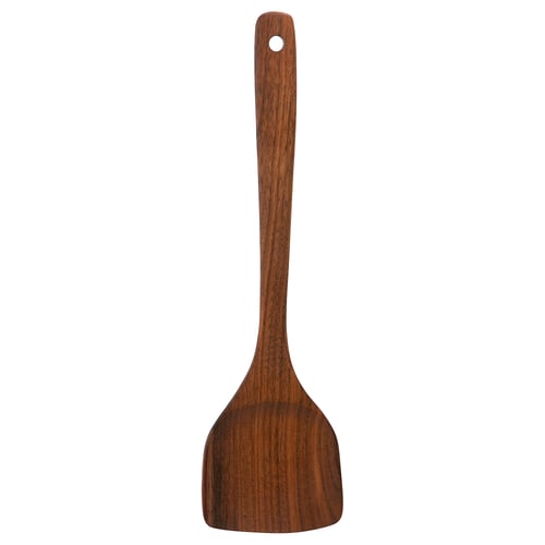 HULDHET wooden spatula, brown, solid walnut, long handle with hole, sleek design.