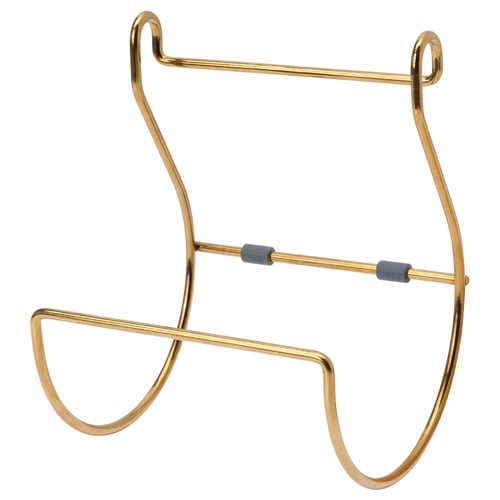A gold HULTARP wall-mounted organiser with a curved, elegant design. It hooks and bars for hanging items, made of nickel-plated steel.