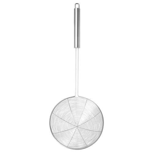 Stainless steel skimmer tool, round shape, with long handle, perfect for kitchen.