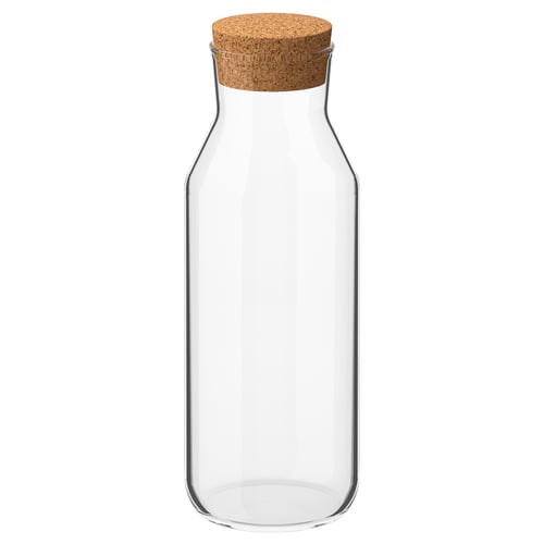IKEA 365+ clear glass carafe with cork stopper, minimalist design, durable tempered glass, ideal for chilled drinks.