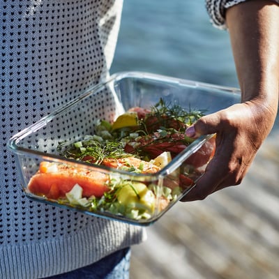 An ikea glass food container, clear, rectangular with rounded edges, suitable for oven, serving, and freezing.