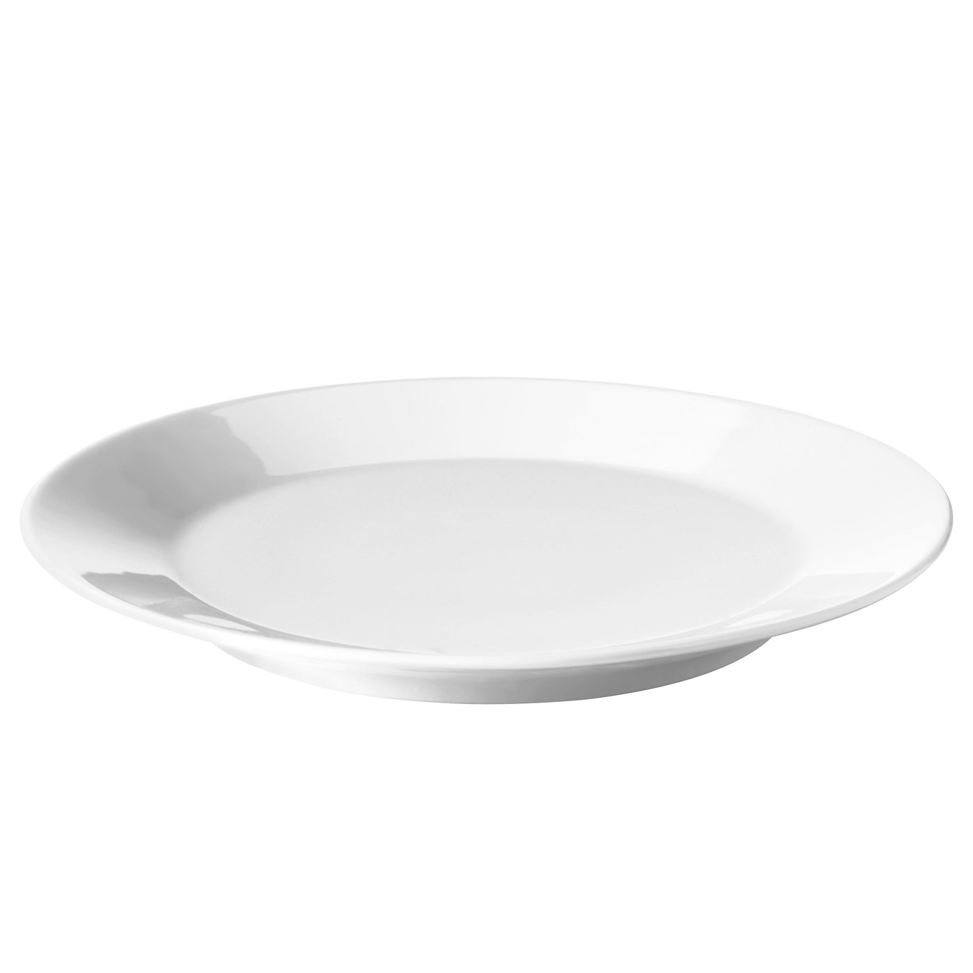 A plain, white, round porcelain plate from IKEA 365+, with simple and timeless design.
