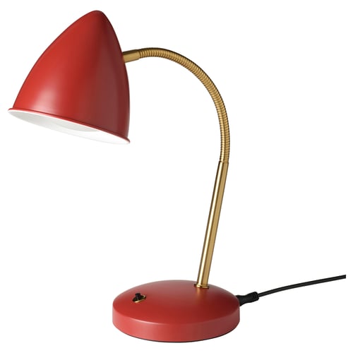 A red ISNÅLEN lamp with a flexible gold gooseneck and a conical shade, combining retro and modern design.