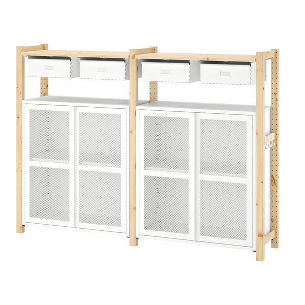 IVAR 2 sections/shelves/cabinets, pine/white mesh, 175x30x124 cm