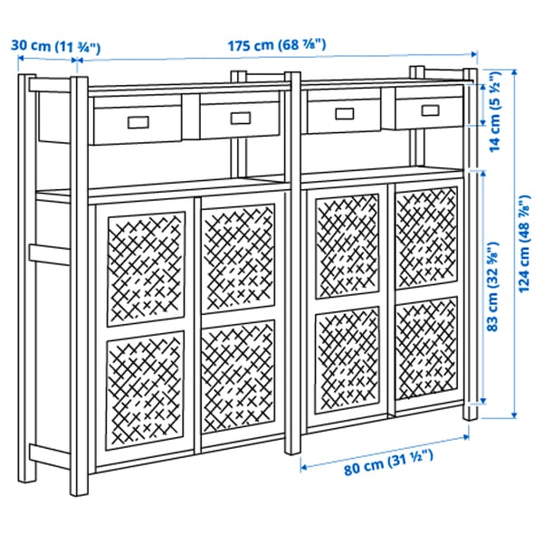 IVAR 2 sections/shelves/cabinets, pine/white mesh, 175x30x124 cm