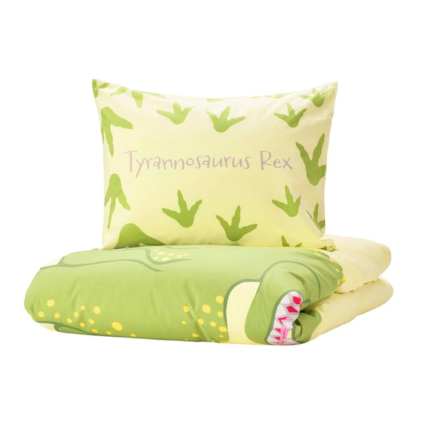JÄTTELIK Duvet cover and pillowcase, Tyrannosaurus Rex/Triceratops/yellow, 150x200/50x80 cm