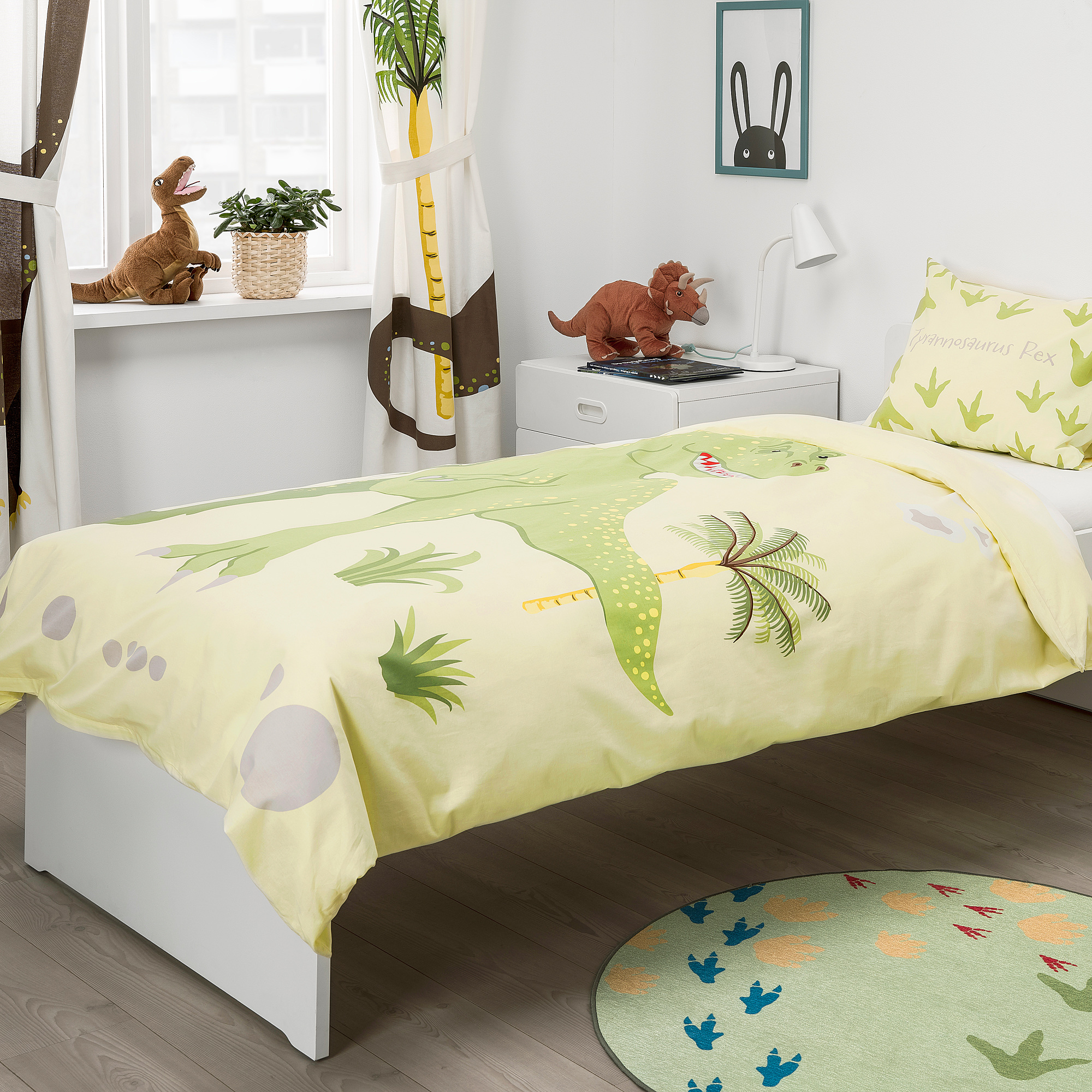JÄTTELIK Duvet cover and pillowcase, Tyrannosaurus Rex/Triceratops/yellow, 150x200/50x80 cm