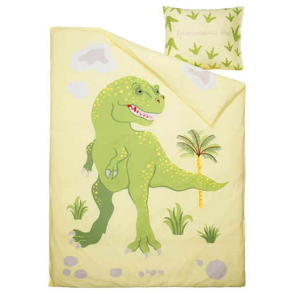 JÄTTELIK Duvet cover and pillowcase, Tyrannosaurus Rex/Triceratops/yellow, 150x200/50x80 cm