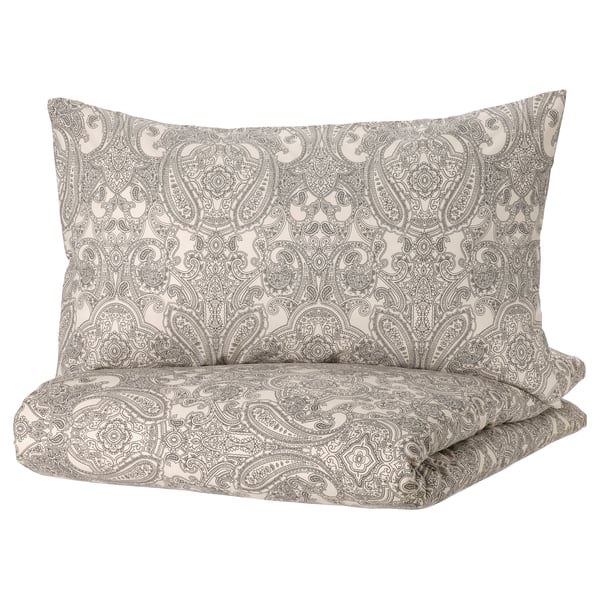 JÄTTEVALLMO Duvet cover and 2 pillowcases, beige/dark grey, 240x220/50x80 cm