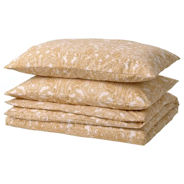 JÄTTEVALLMO Duvet cover and 2 pillowcases, yellow/white, 240x220/50x80 cm