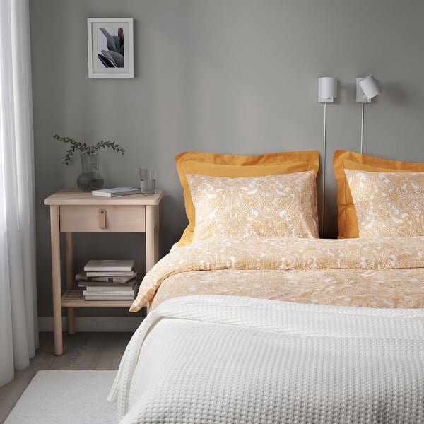 JÄTTEVALLMO Duvet cover and 2 pillowcases, yellow/white, 240x220/50x80 cm