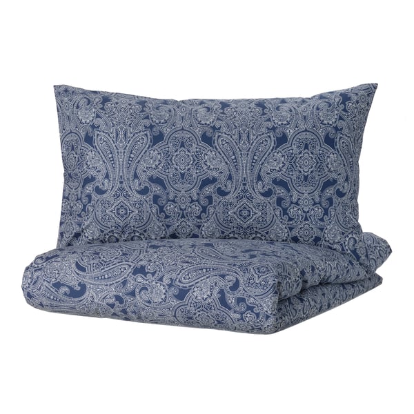 JÄTTEVALLMO Duvet cover and pillowcase, dark blue/white, 150x200/50x80 cm