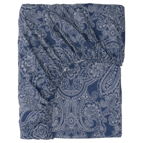 JÄTTEVALLMO Fitted sheet, dark blue/white, 90x200 cm