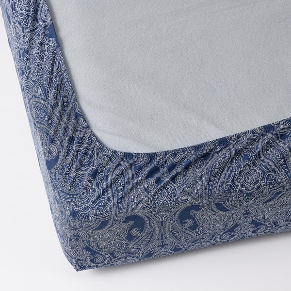 JÄTTEVALLMO Fitted sheet, dark blue/white, 90x200 cm