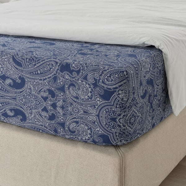 JÄTTEVALLMO Fitted sheet, dark blue/white, 90x200 cm
