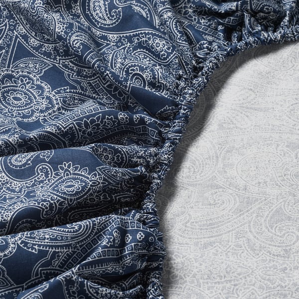 JÄTTEVALLMO Fitted sheet, dark blue/white, 90x200 cm