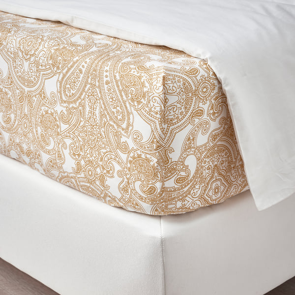 JÄTTEVALLMO Fitted sheet, yellow/white, 180x200 cm