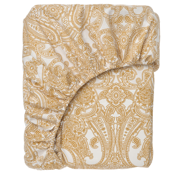 JÄTTEVALLMO Fitted sheet, yellow/white, 180x200 cm