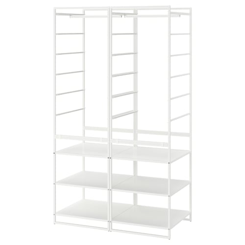 A white JONAXEL storage system with shelves and hanging rails, ideal for organising clothes and accessories.