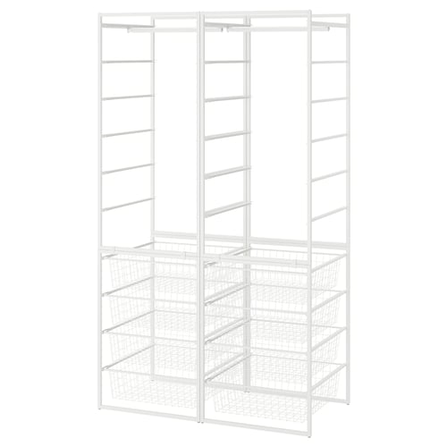 A white JONAXEL storage system featuring multiple shelves and wire baskets for organising items efficiently.