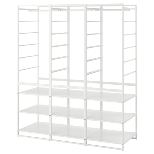 The white JONAXEL storage system. Its a modular, metal unit with multiple shelves and hanging areas. Suitable for various rooms including bathrooms.
