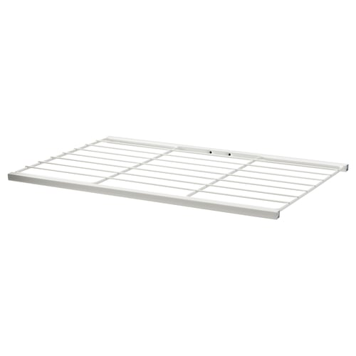 A white JOSTEIN wire shelf with powder-coated steel, rectangular design, versatile for indoor/outdoor storage.