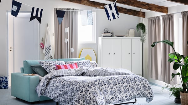 JUNIMAGNOLIA Duvet cover and pillowcase, white/dark blue, 150x200/50x80 cm