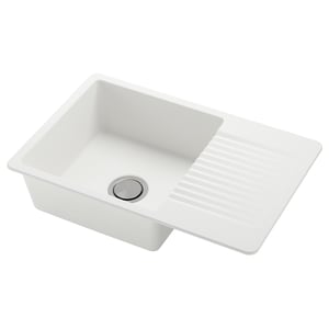 KILSVIKEN white quartz sink, single bowl with drainboard, heat and stain-resistant, modern design.