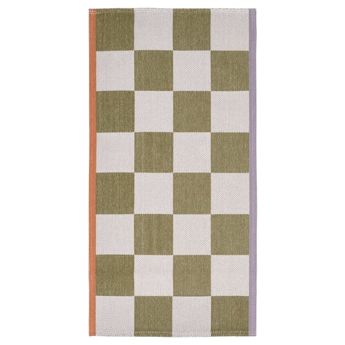 KLASSRUM rug; checkerboard green/white, orange sides; cotton-polyester; rectangular; flat weave.