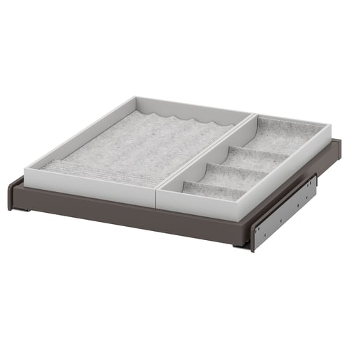 KOMPLEMENT pull-out tray, grey, felt-lined, rectangular, divided compartments.